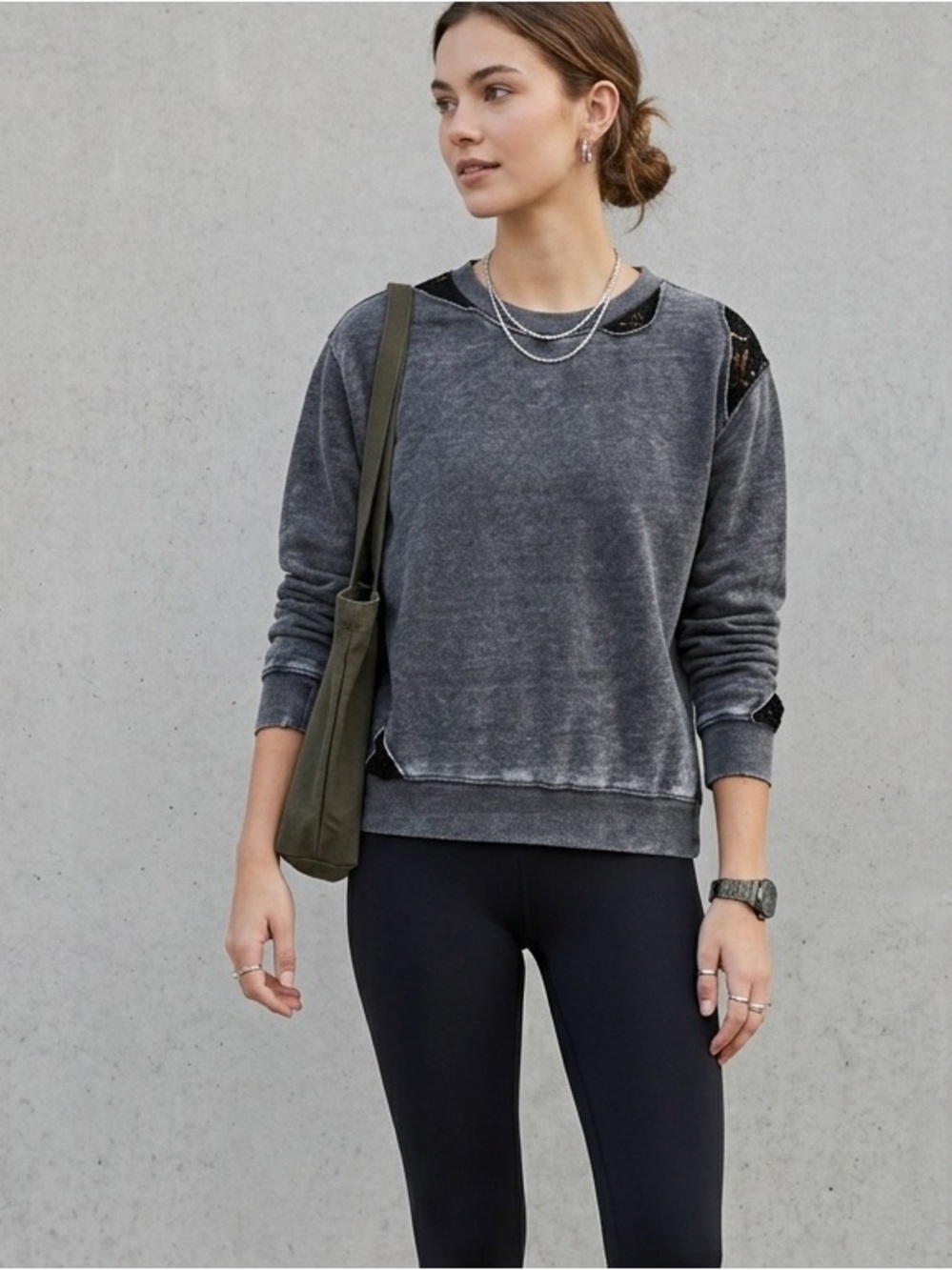 Vanilla Star Acid Wash Distressed Lace Sweatshirt Gray Cropped Crewneck